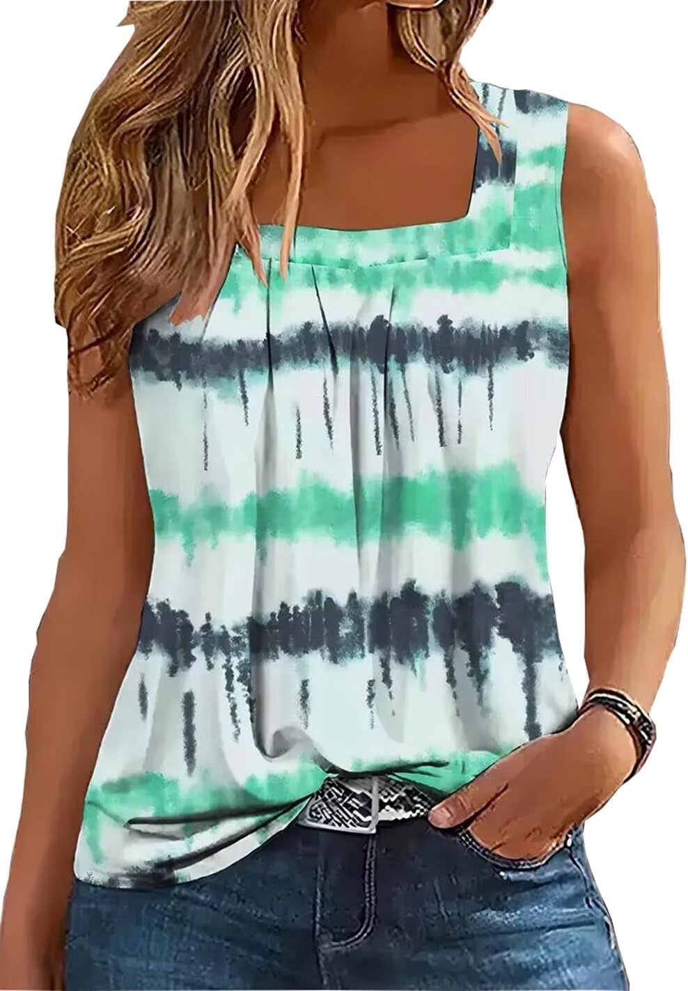 AIMITAG Färgblock veckad fyrkantig krage linne kvinnor randig tank t-shirt sommar ledig lös passform ärmlös skjorta