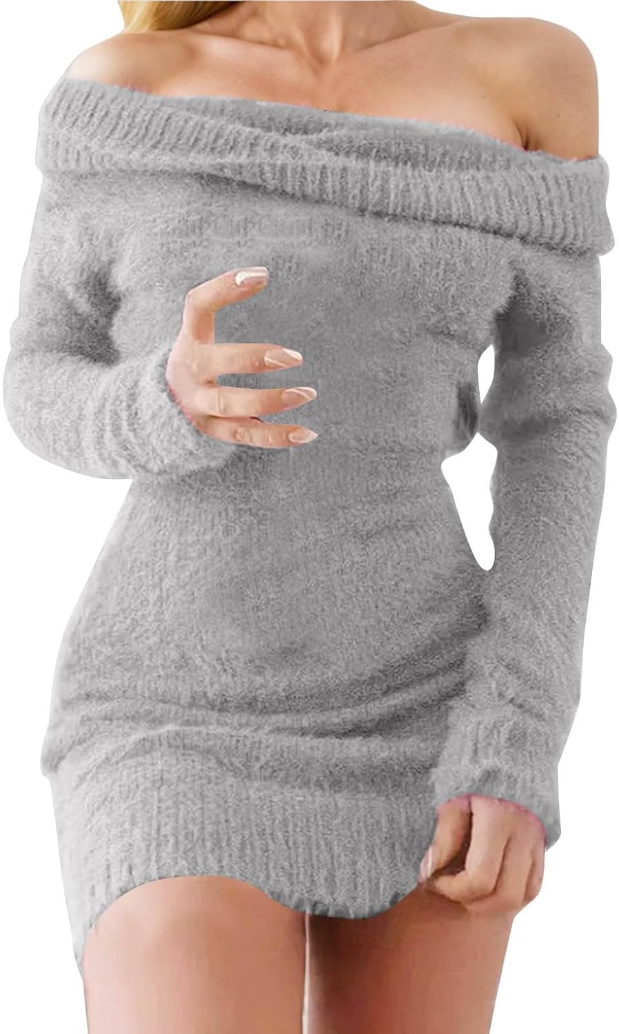 Stickad klänning för kvinnor off-shoulder-bodycon-tröja med långa ärmar för vintersemester