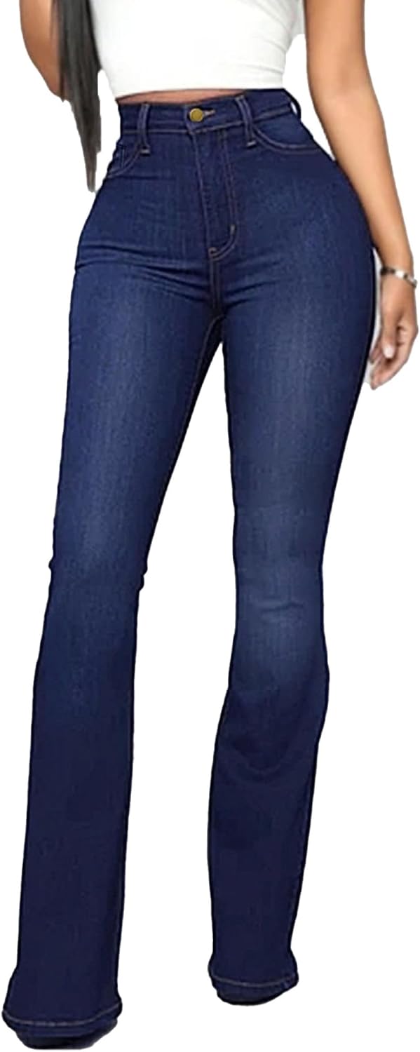 Kurviga jeans för kvinnor Damjeans med hög midja, utsvängda jeans, bootcut med stretch, vida ben och casual byxor