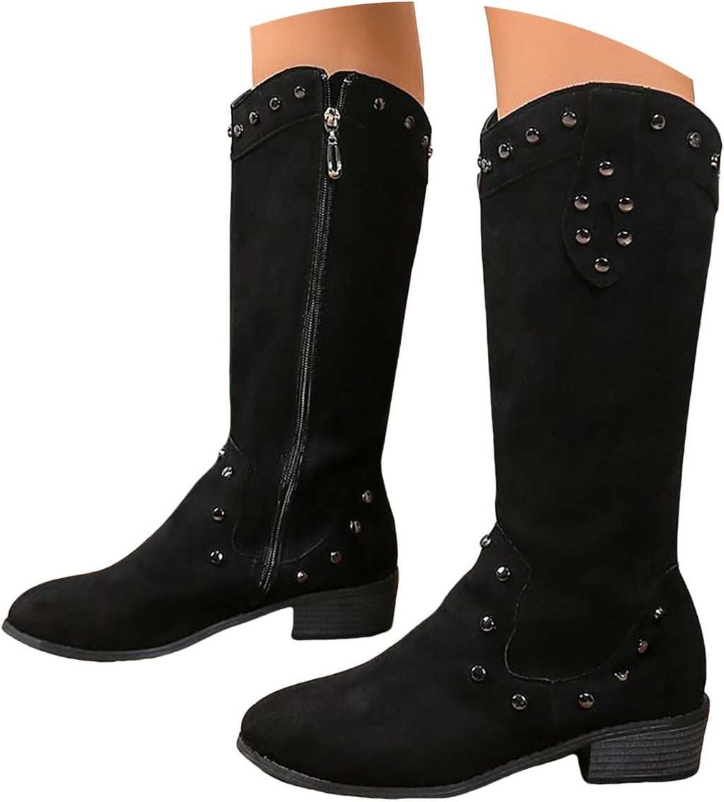 Generiska dam västerländska stövlar med klack, cowboystövlar dam medelstora höga vandringskängor med blockklack övergångsstövlar vintage halvstövlar western cowgirl stövlar slip-stövlar Chelsea
