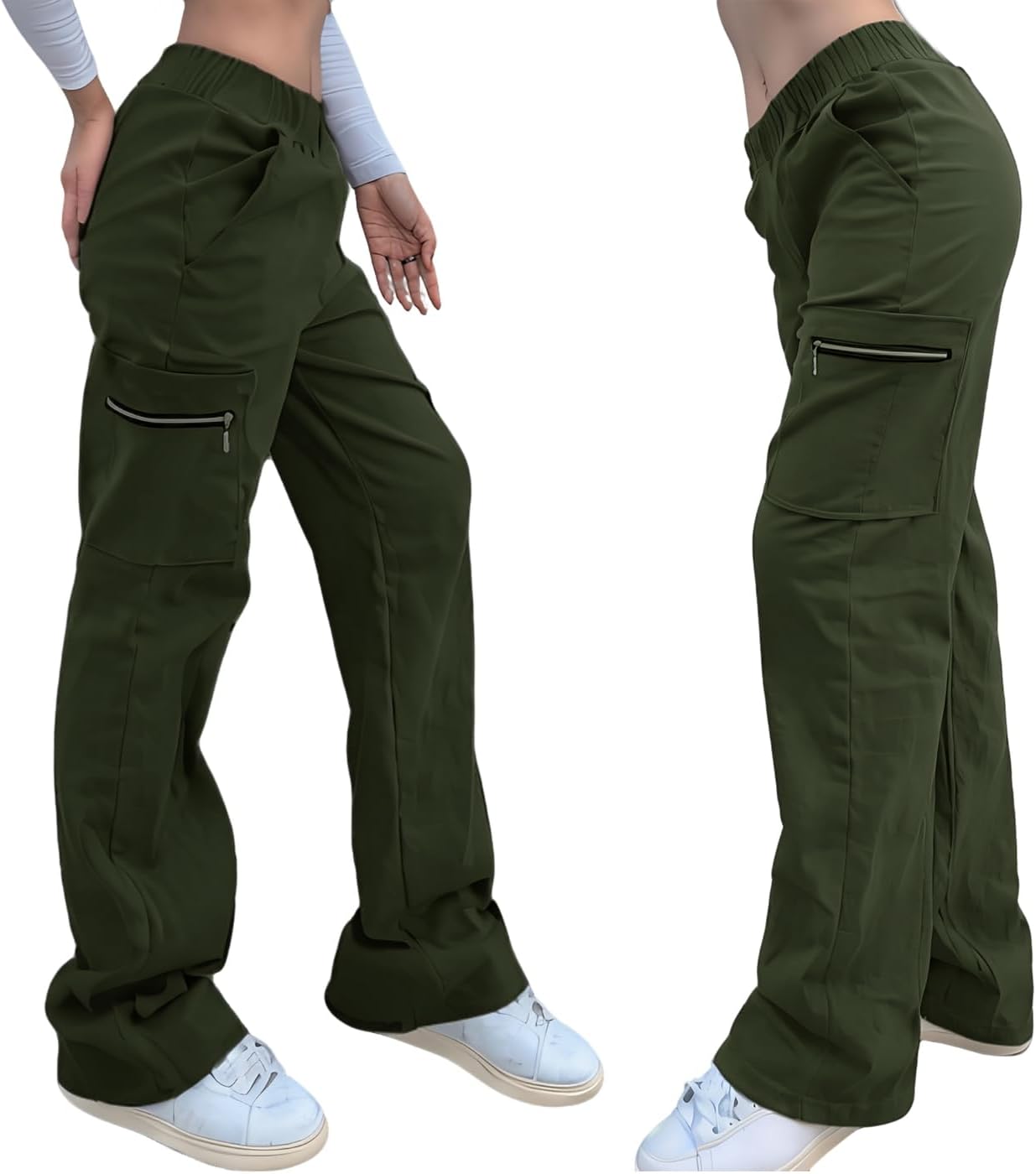 Nuofengkudu Dam breda ben stridsbyxor med blixtlåsfickor stretch hög midja arbete långa byxor lös passform loungekläder Y2K tonårstjejer streetwear ledig