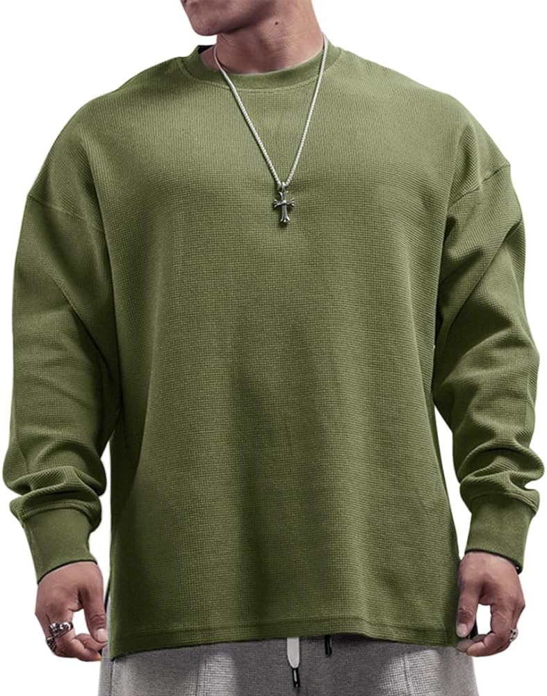 Muscle Alive Basic långärmad våffeltröja för män lös passform träning pullover rund hals skjorta