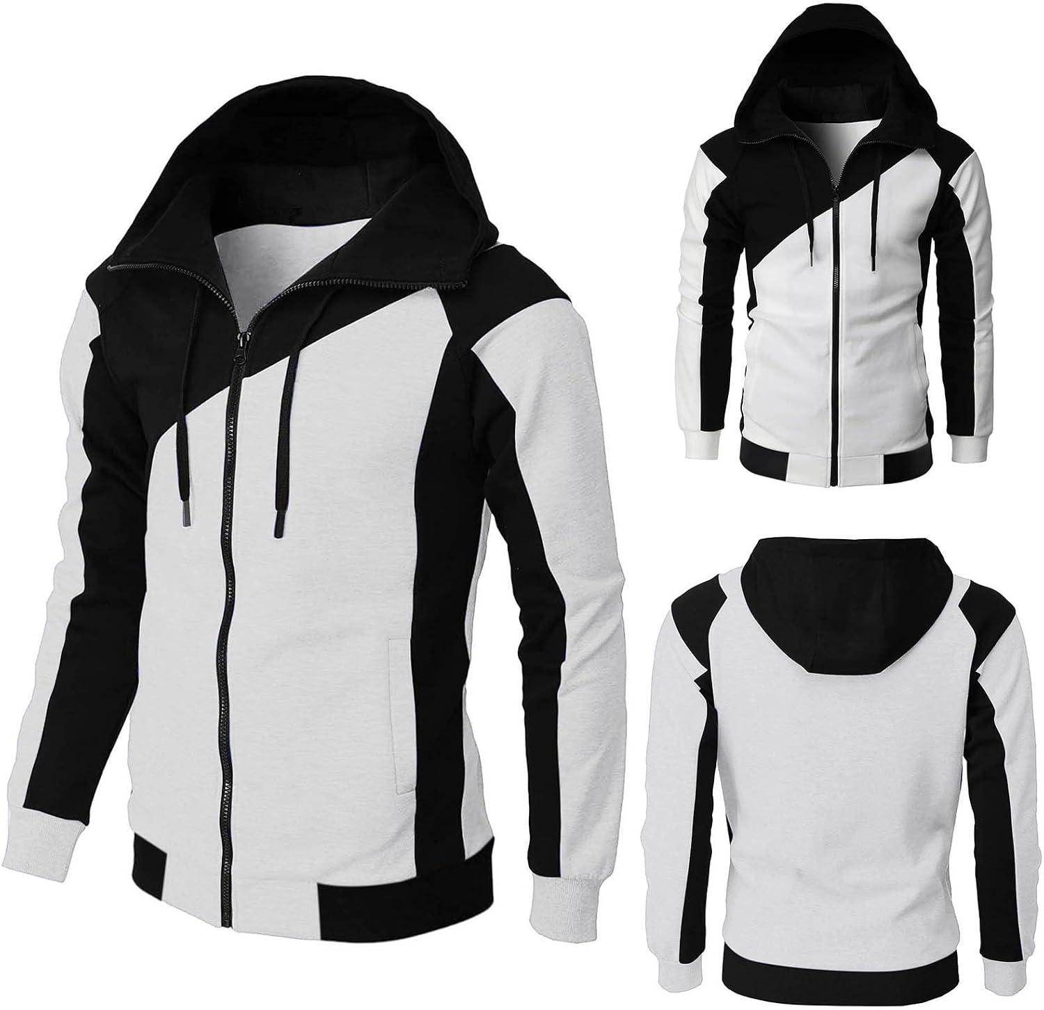 Generisk huvtröja med dragkedja för män, huvtröja med dragsko och fickor pullover tvåfärgad lapptäcke huvtröjor ledig hip hop sweatjacka slim fit andningsaktiv tröja cake casual mångsidig topp