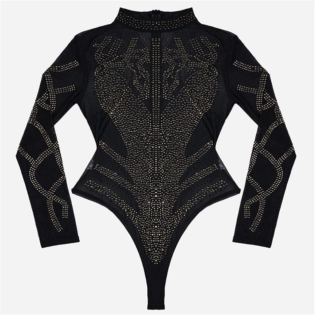 Dam Sexig Bodysuits Svart Guld Bustier Mesh Polotröja Långärmad Bodysuit Svart Guld XXL