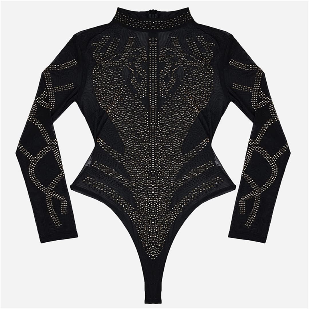 Dam Sexig Bodysuits Svart Guld Bustier Mesh Polotröja Långärmad Bodysuit Svart Guld XXL