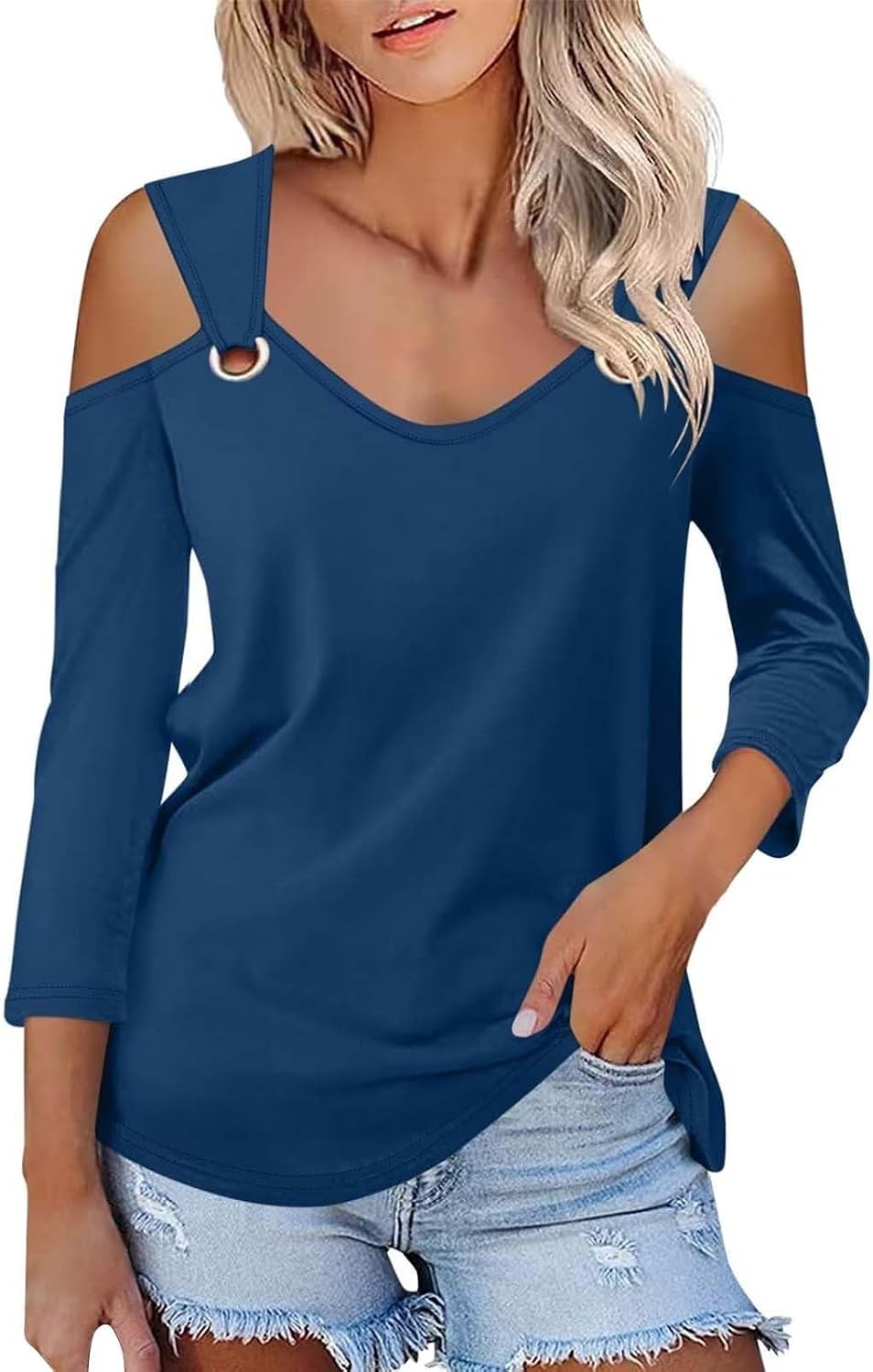 Enfärgad T-shirt för kvinnor, V-ringad och 3/4-ärmar i smal passform, sommarskjortor, topp, axellös, blustopp, toppar, eleganta fritidsskjortor, tryckt strandskjorta, t-shirt, stor storlek