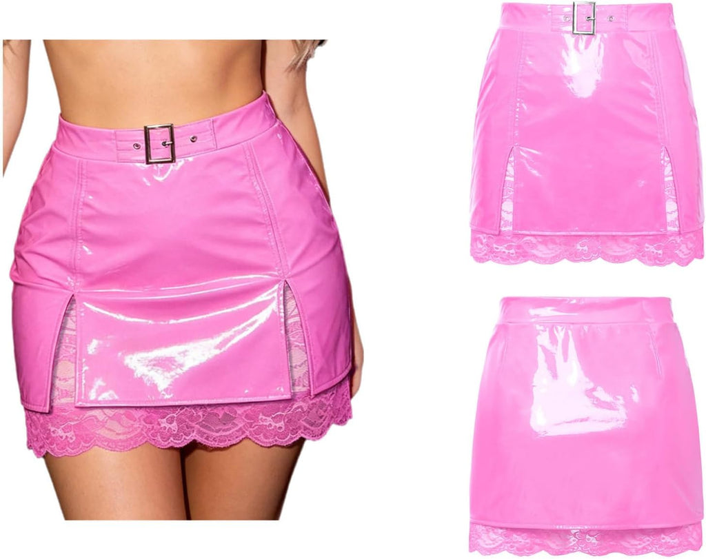 Hansber Dam Skrygga Metallisk Zip Up Split Skirt Bodycon Teddy Vinyl Stretch Miniskirt Pvc Våt Utseende Leather Clubkläder