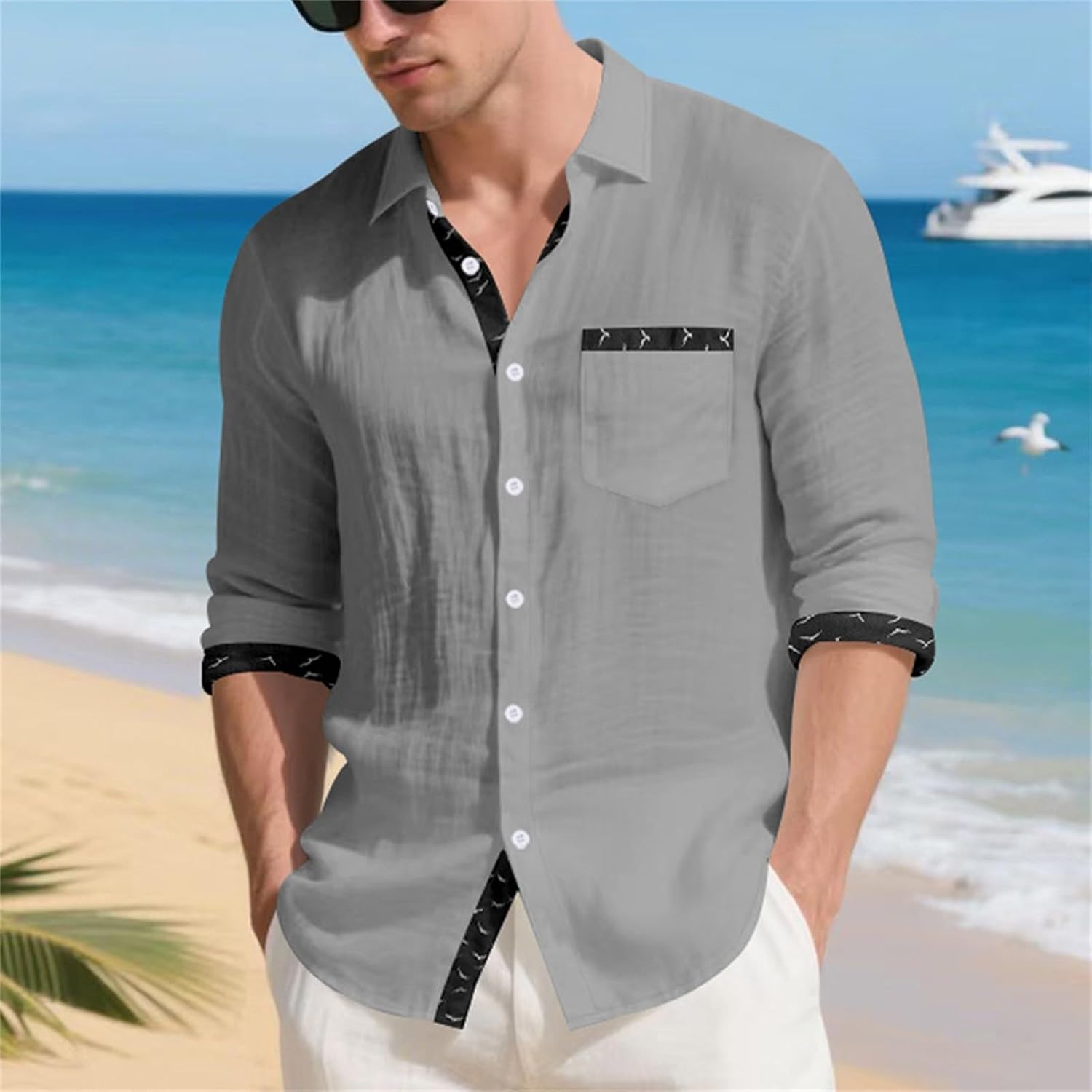 Herrskjorta linne hawaiiansk skjorta herr andningsbar skjorta långärmad chic skjorta överdimensionerad sommartopp med krage ledig minimalistisk baggy topp