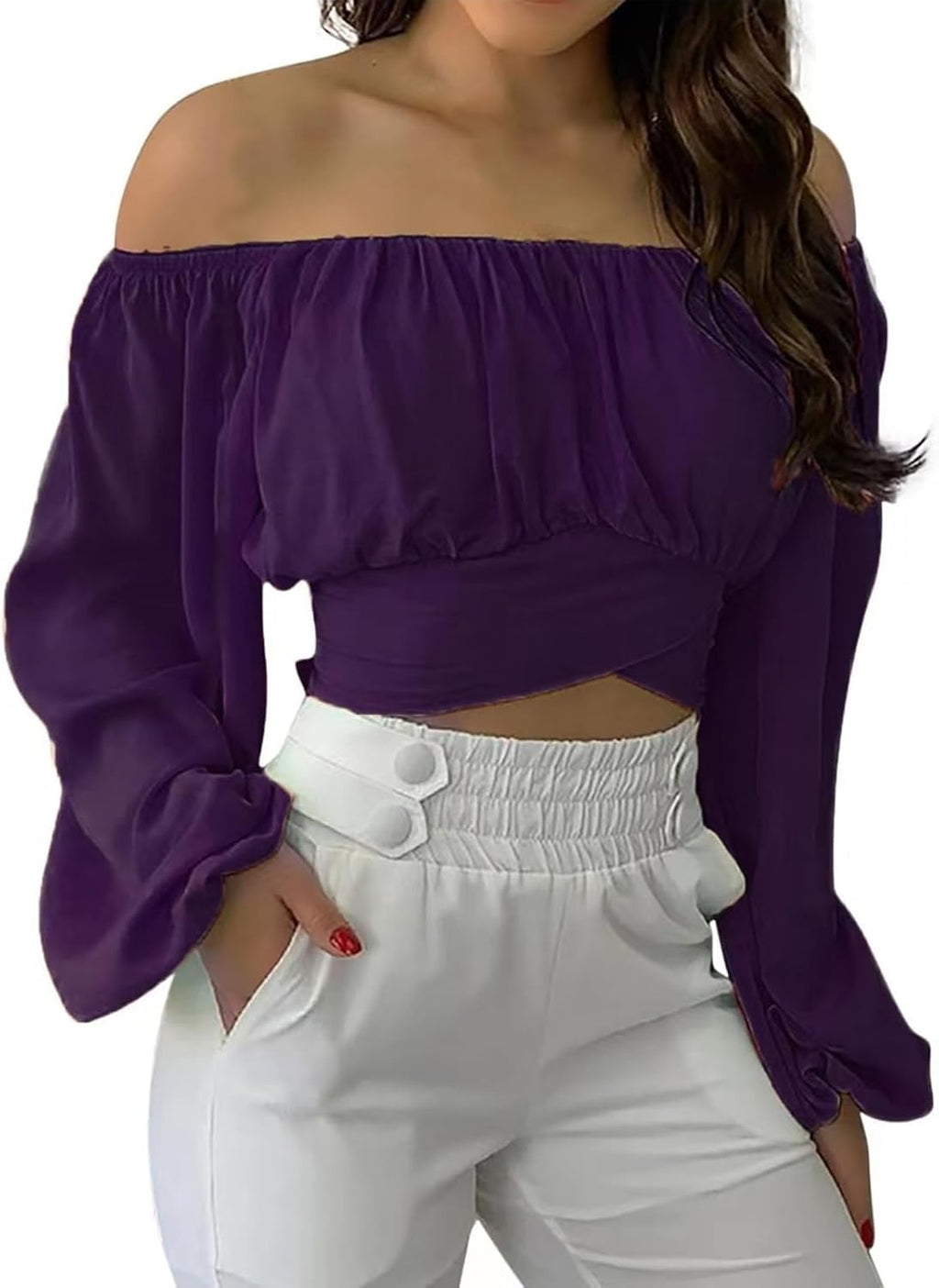 Off Shoulder Dam Crop Top Elegant Lanternärm Långärmad Rynkad Knytskärp Blus Sexy Shirt Semester Party Clubwear