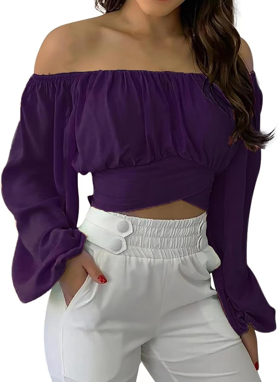 Off Shoulder Dam Crop Top Elegant Lanternärm Långärmad Rynkad Knytskärp Blus Sexy Shirt Semester Party Clubwear