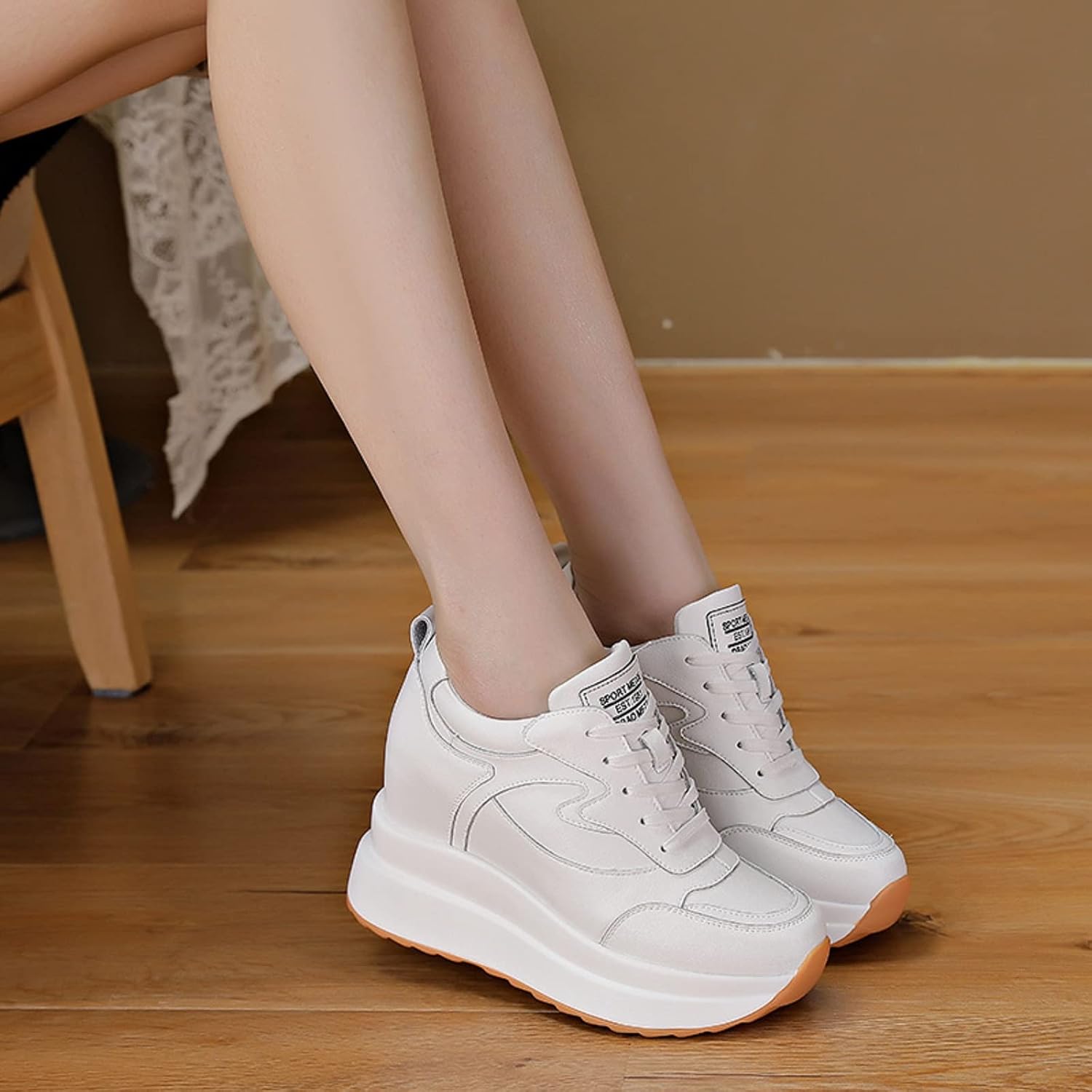 AONEGOLD Plattformssneakers med hög dold häl, kilsneakers, läderöverdel, mode snörningar, ökar 10 cm