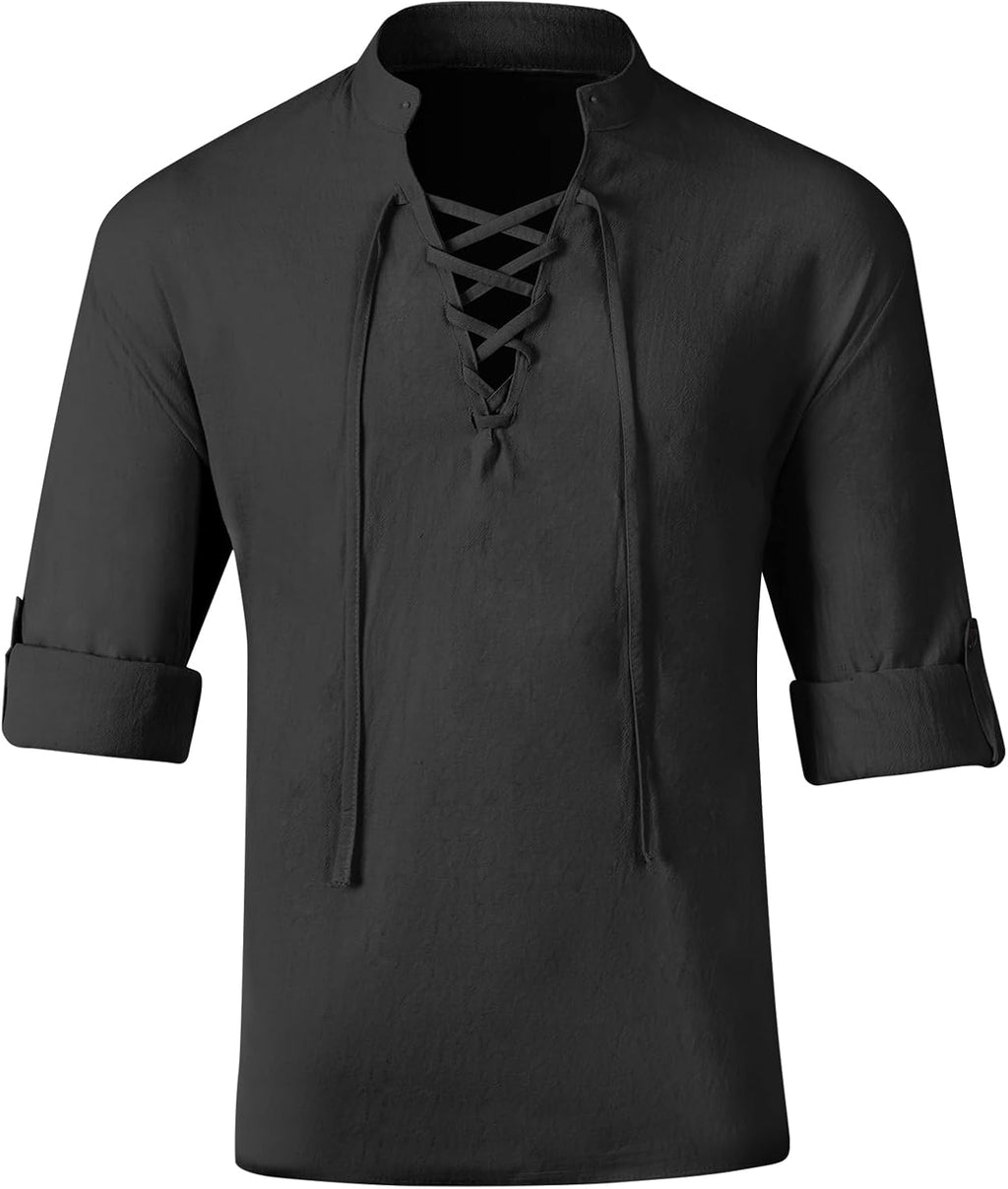 Medeltida skjorta herr piratskjorta långärmad fritidsskjorta herrskjorta 100 % bomull traditionell retrostil skjorta medeltida kostym viking halloween riddarskjorta renässans herrskjorta 2XL-3XL
