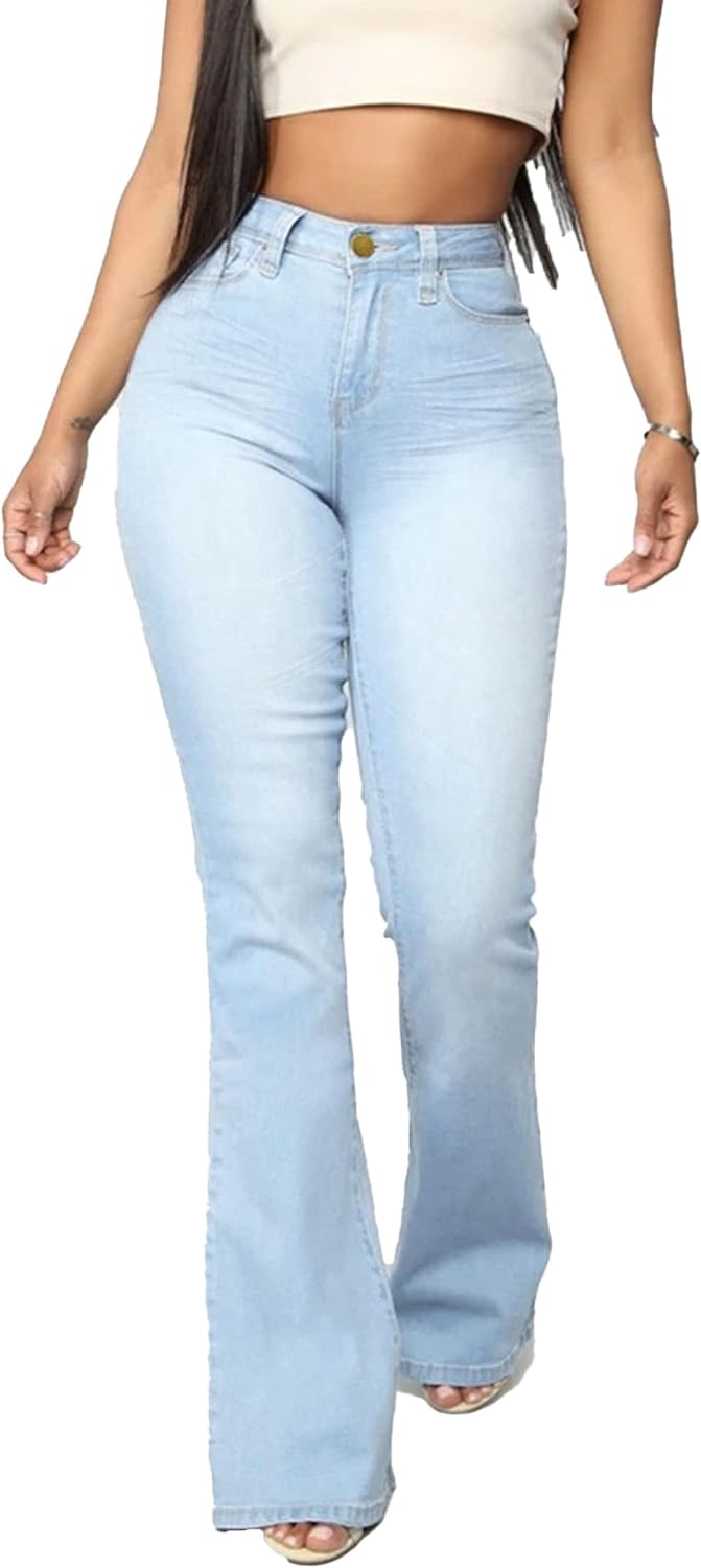 Kurviga jeans för kvinnor Damjeans med hög midja, utsvängda jeans, bootcut med stretch, vida ben och casual byxor