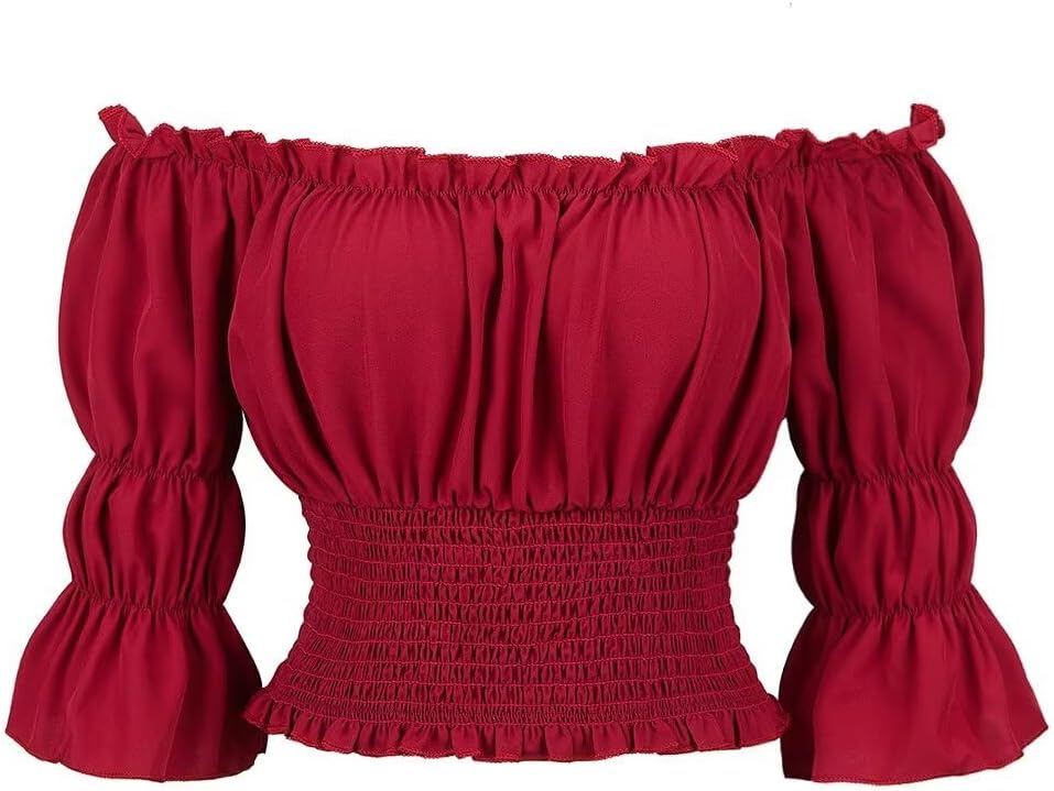 Blusar för kvinnor Off The Shoulder Renaissance Toppar Medeltida piratskjorta Gothic Smocked Boho kort ärm