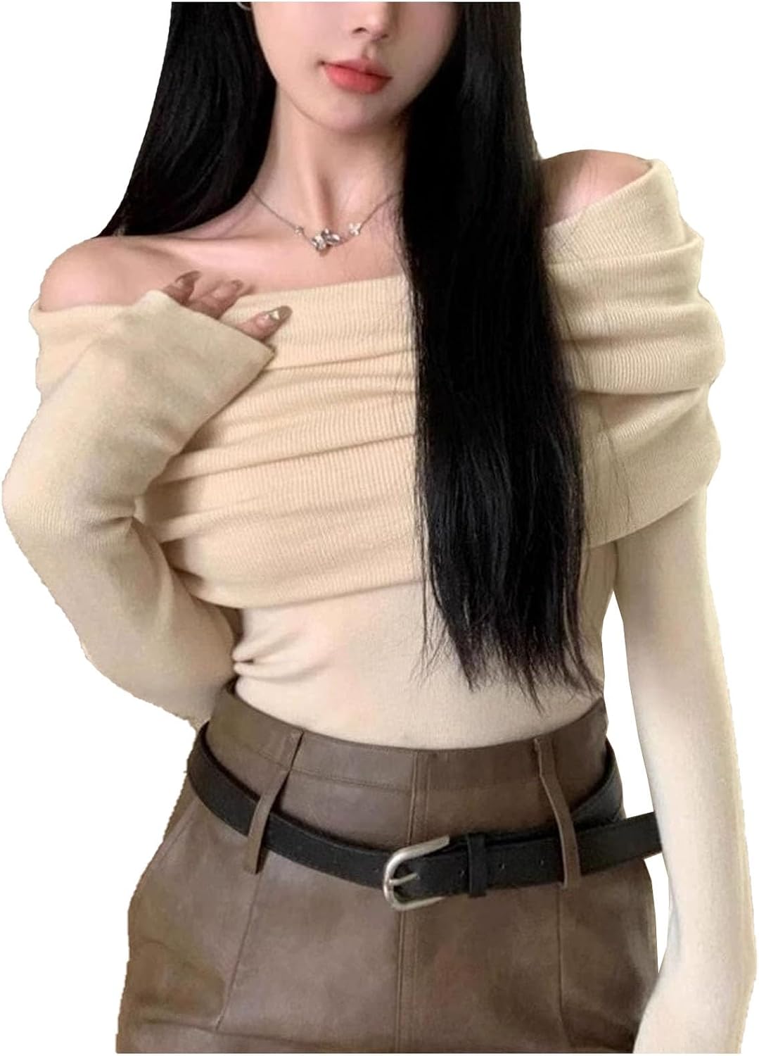 Off Shoulder-tröjor For Kvinnor Långärmade One Shoulder-skjortor Casual Dressy Blusar Sexig Slim Fit Club Shirt Crop Tops