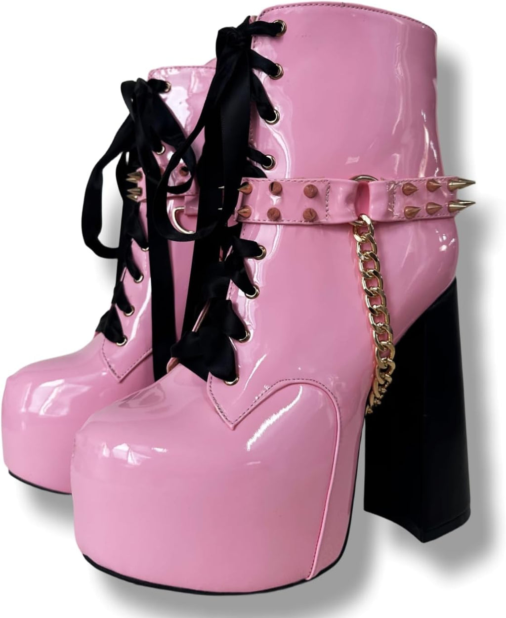 Frankie Hsu Sexig Chunky Plattform Ankel Högklackad Bootie, Söt Härlig Rosa Patent Guldkedja Nitar Lollita Gotisk Boot, Stor Stor Storlek US5-19 Skor för Kvinnor Män