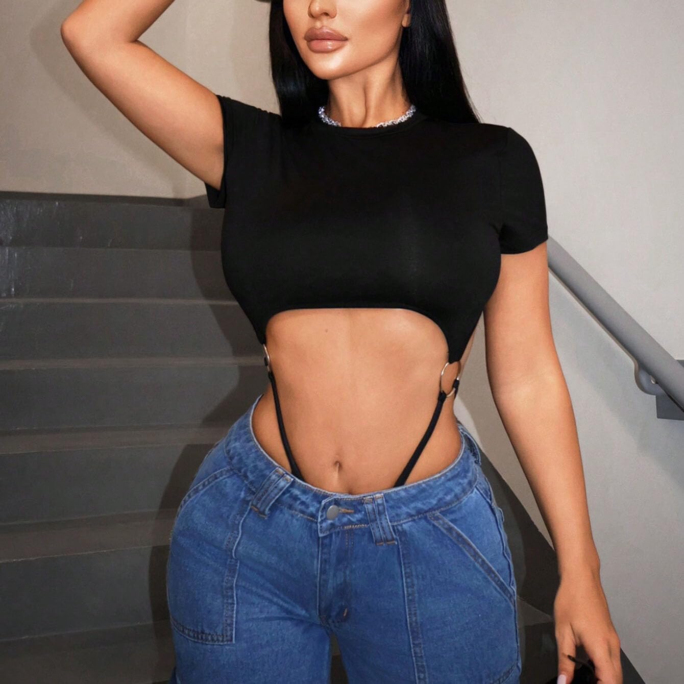 Kvinnor Cut Out Ring Linked Bodysuit - Rund halsringning Kortärmad Högskuren Bodysuit, Svart, L
