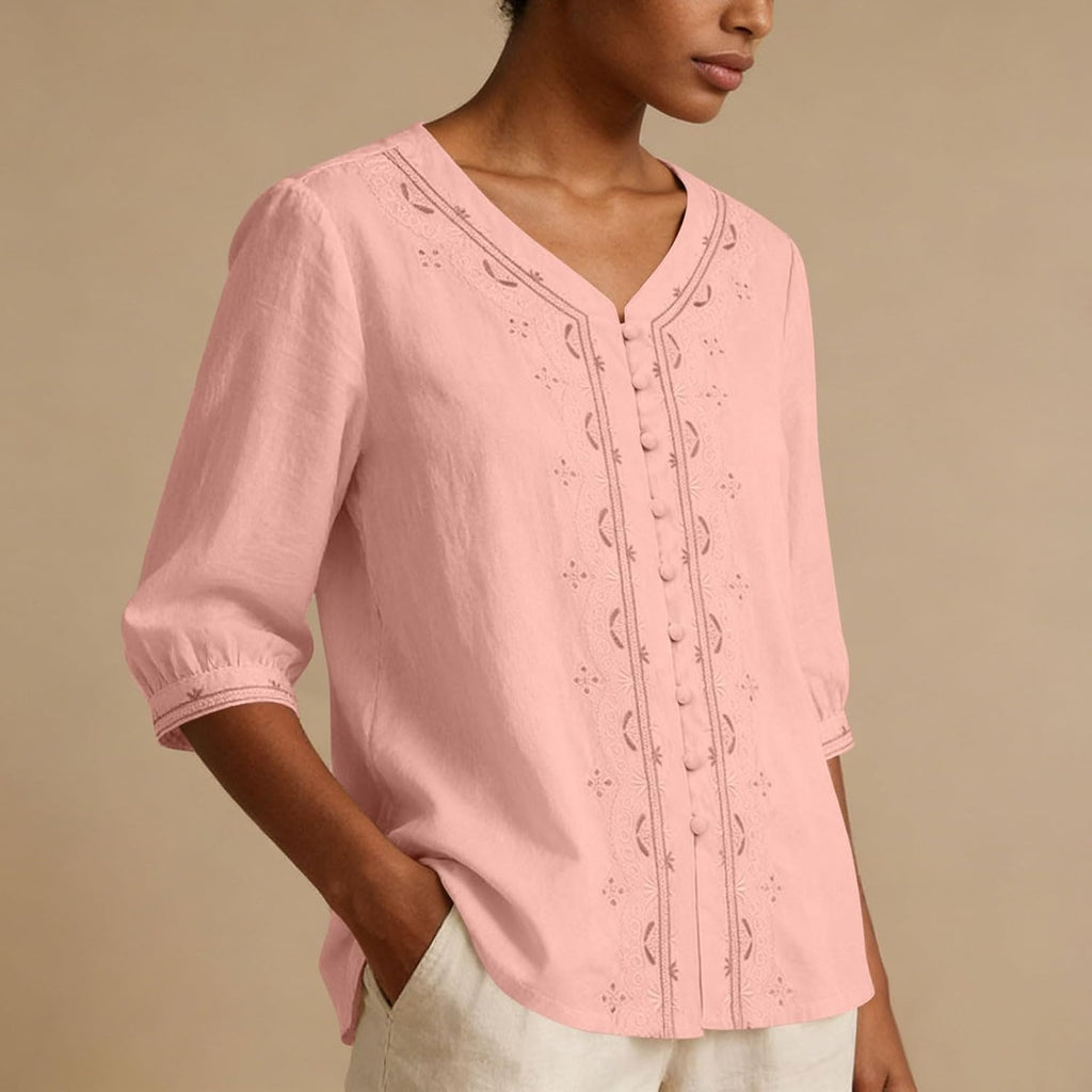 Kvinnors boho toppar bomull linne halvärm v-ringad retro broderade skjortor groda knapp kinesisk stil skjorta damer lös ledig sommar topp