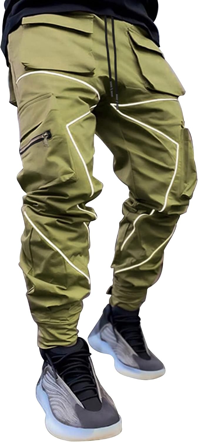 AIEOE Cargobyxor, herr, hip hop, techwear, cargobyxor med reflekterande ränder, streetwear, punkbyxor, joggingbyxor, joggingbyxor med fickor, elastisk linning