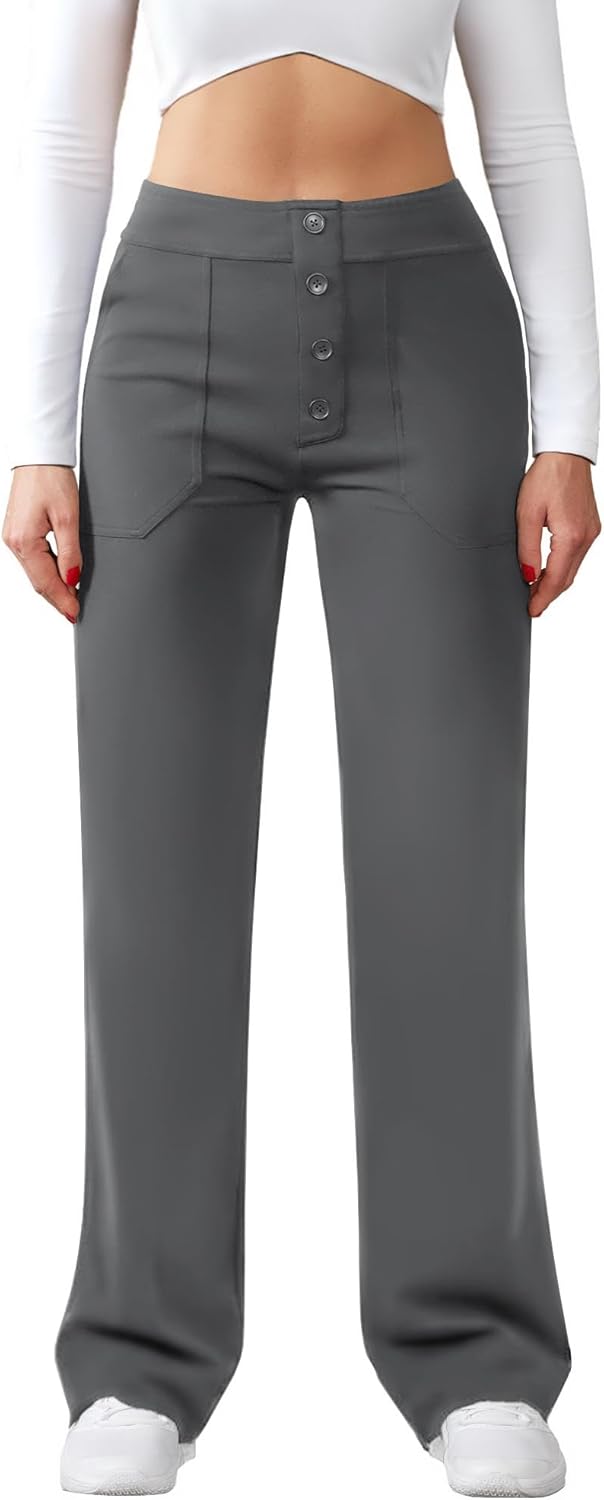 Friptspyg byxor dam hög midja breda byxor knapp raka ben byxor casual arbete byxor stretch yogabyxor med fickor