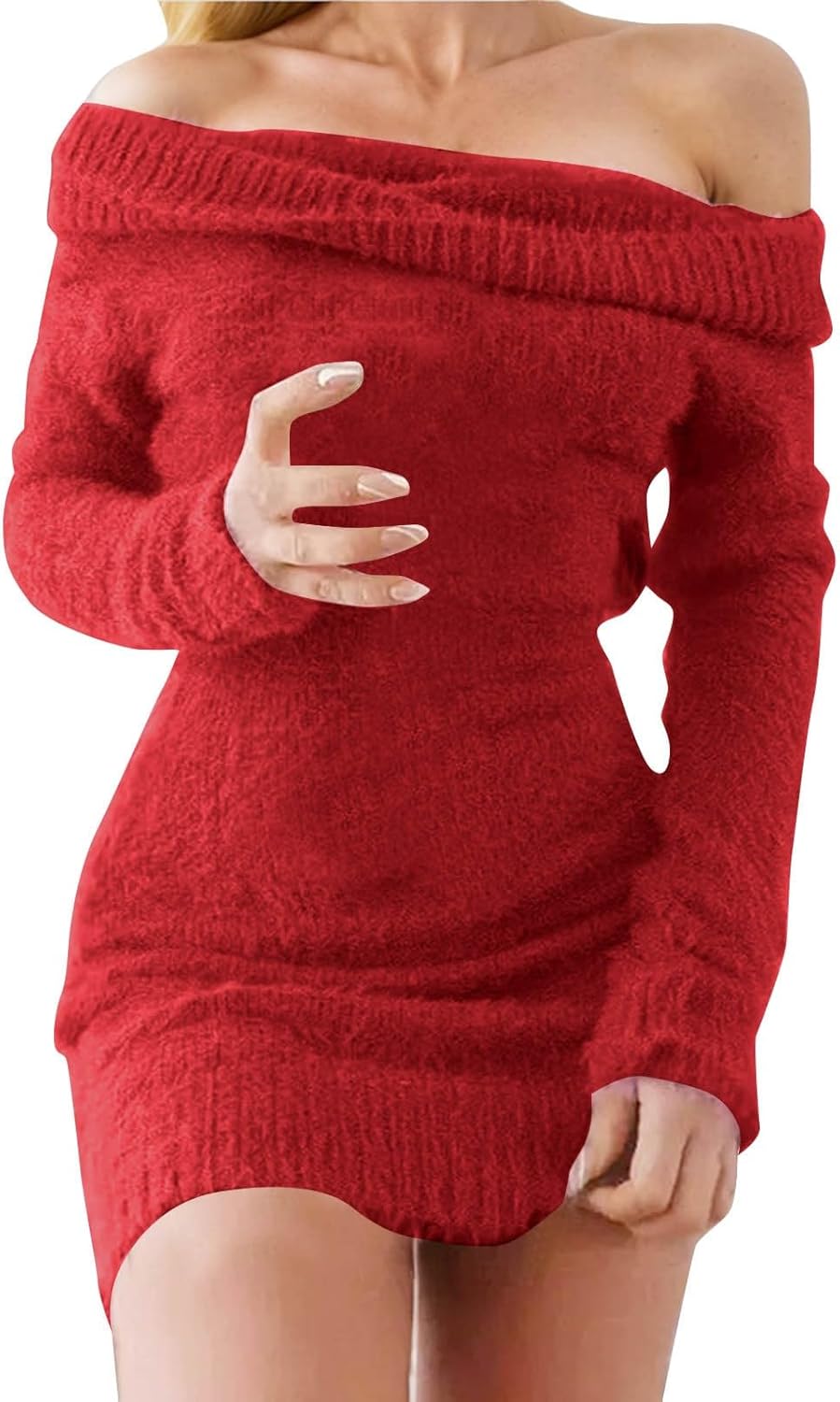 Stickad klänning för kvinnor off-shoulder-bodycon-tröja med långa ärmar för vintersemester