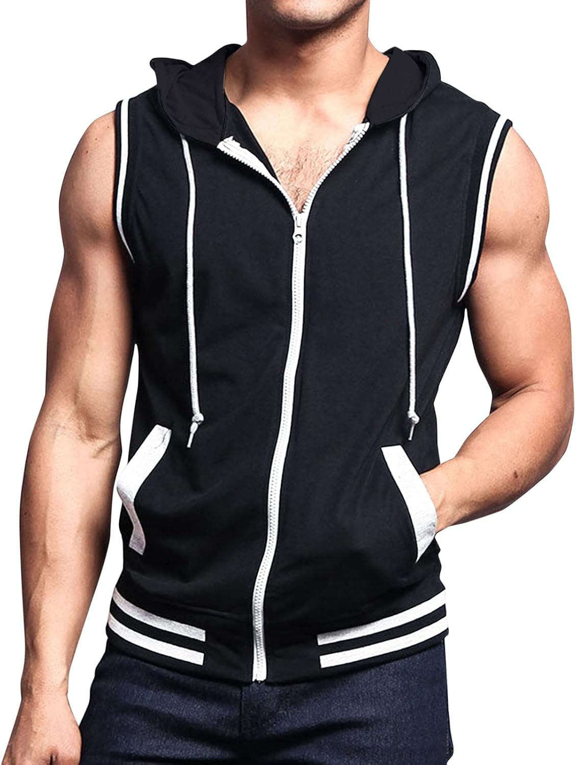 Sport huvjacka för män, tanktopp, huvtröja, gym, fitness, ärmlös huvtröja, muskelskjorta med dragkedja, ärmlös huvtröja för män med fickor, ledig tankskjorta med huva, sommarväst