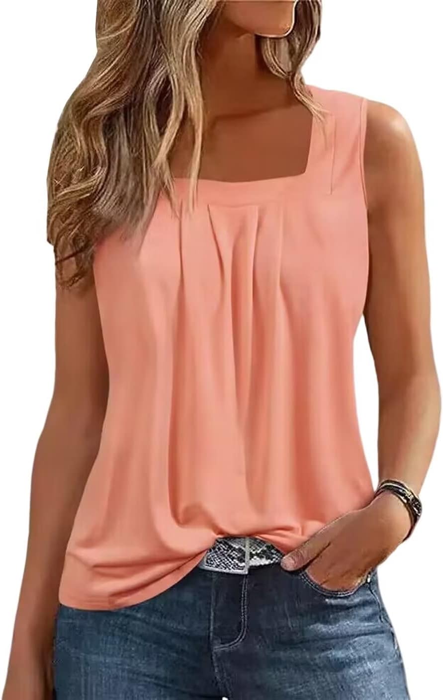AIMITAG Färgblock veckad fyrkantig krage linne kvinnor randig tank t-shirt sommar ledig lös passform ärmlös skjorta