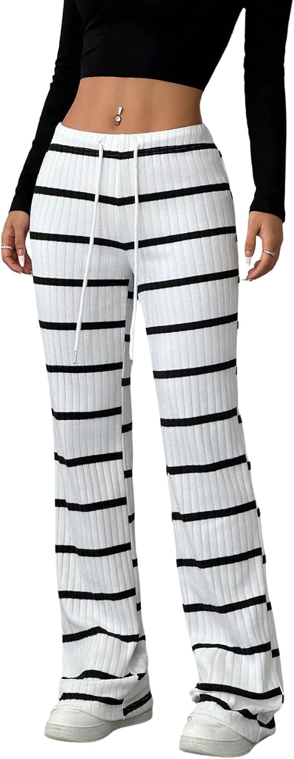 SOLY HUX Dambyxor, randiga sommarbyxor, långa utsvängda byxor, leggings med dragsko, fritidsbyxor, drop midja, jogging, casualshorts, sommarkläder