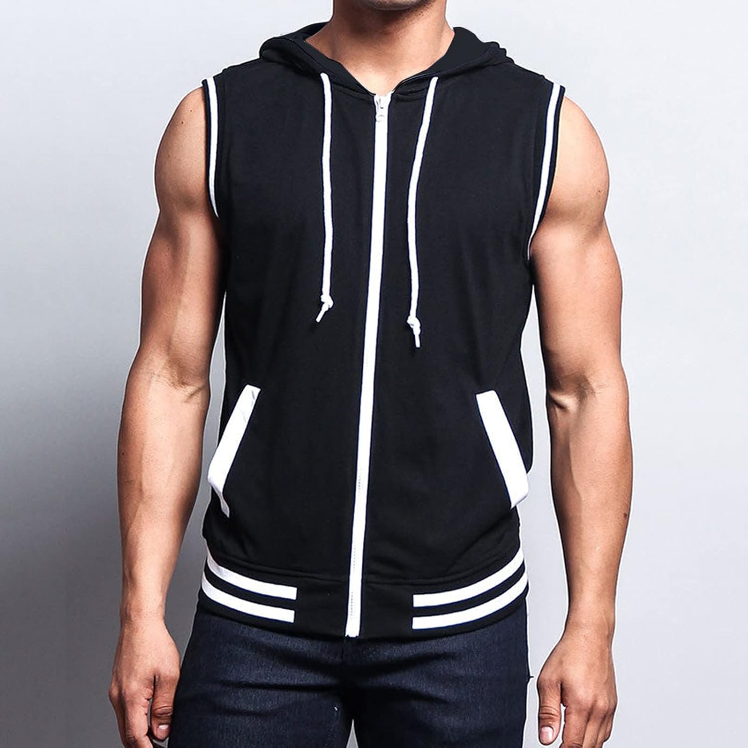 Sport huvjacka för män, tanktopp, huvtröja, gym, fitness, ärmlös huvtröja, muskelskjorta med dragkedja, ärmlös huvtröja för män med fickor, ledig tankskjorta med huva, sommarväst
