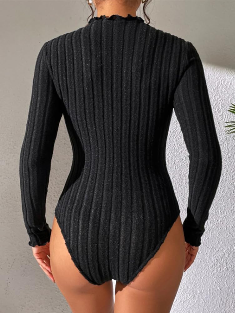 Generisk body damer långärmad elegant sexig basic stickad ribbad bodysuit jumpsuit tajt V-ringning polotröja dambody onepiece overall bodycon bodies bodysuit för kvinnor