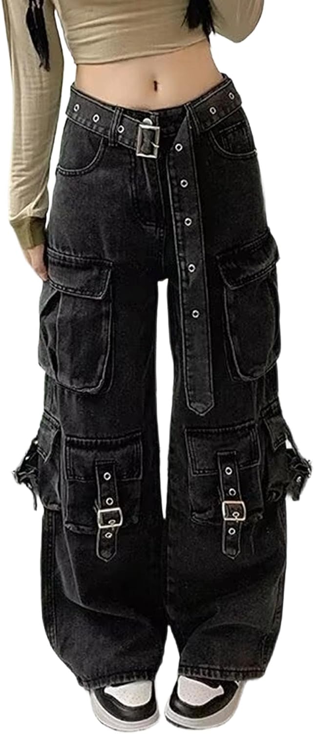 Dam retro tvättade breda ben lastjeans hög midja Y2K gotiska streetwear denim byxor vardag trendiga lösa jeans