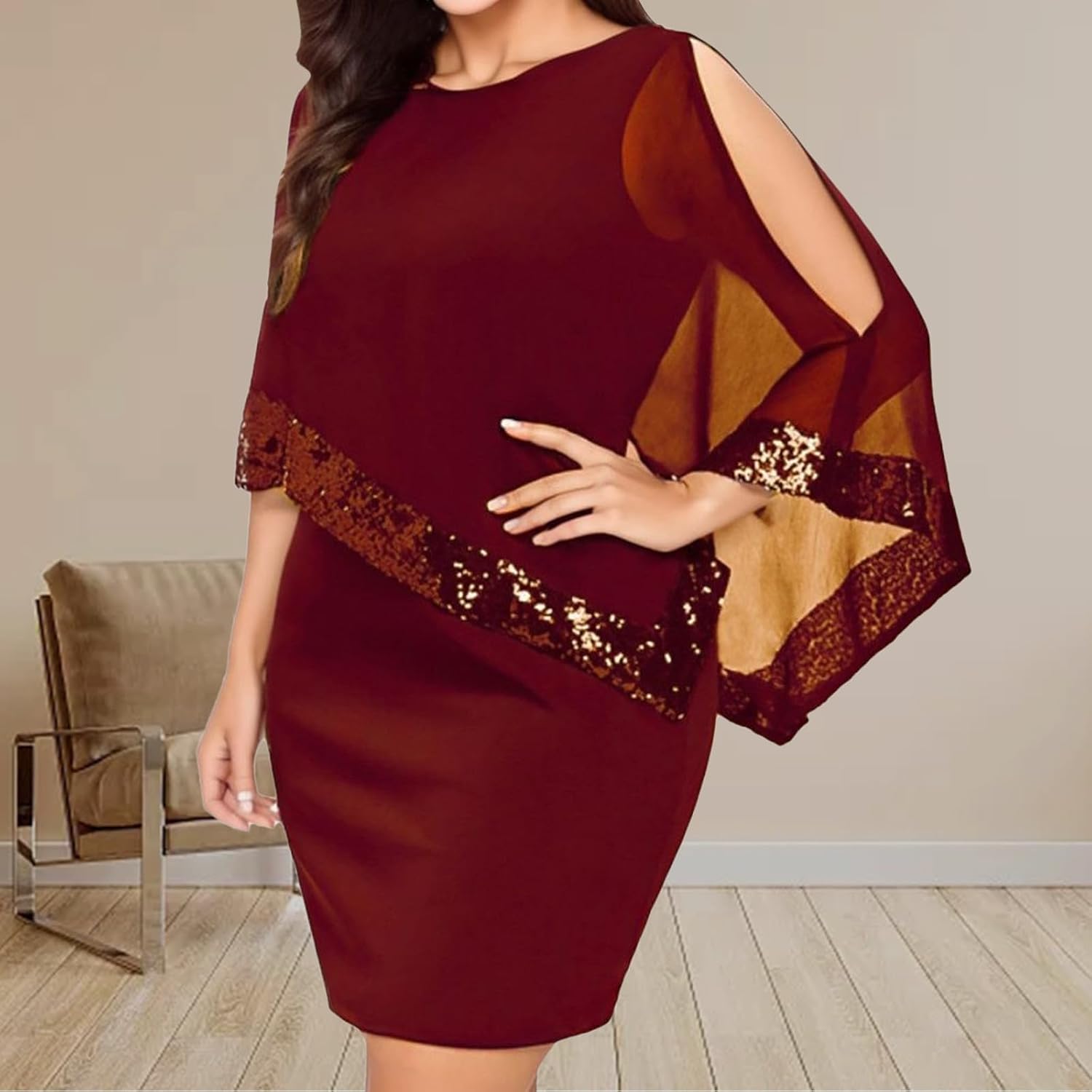 Kvinnors Sommarklänningar 2026 Kvinnor Plus Size Cold Shoulder Overlay Chiffong Axelbandslösa Paljetter Bomull Kortärmad Modeklänning