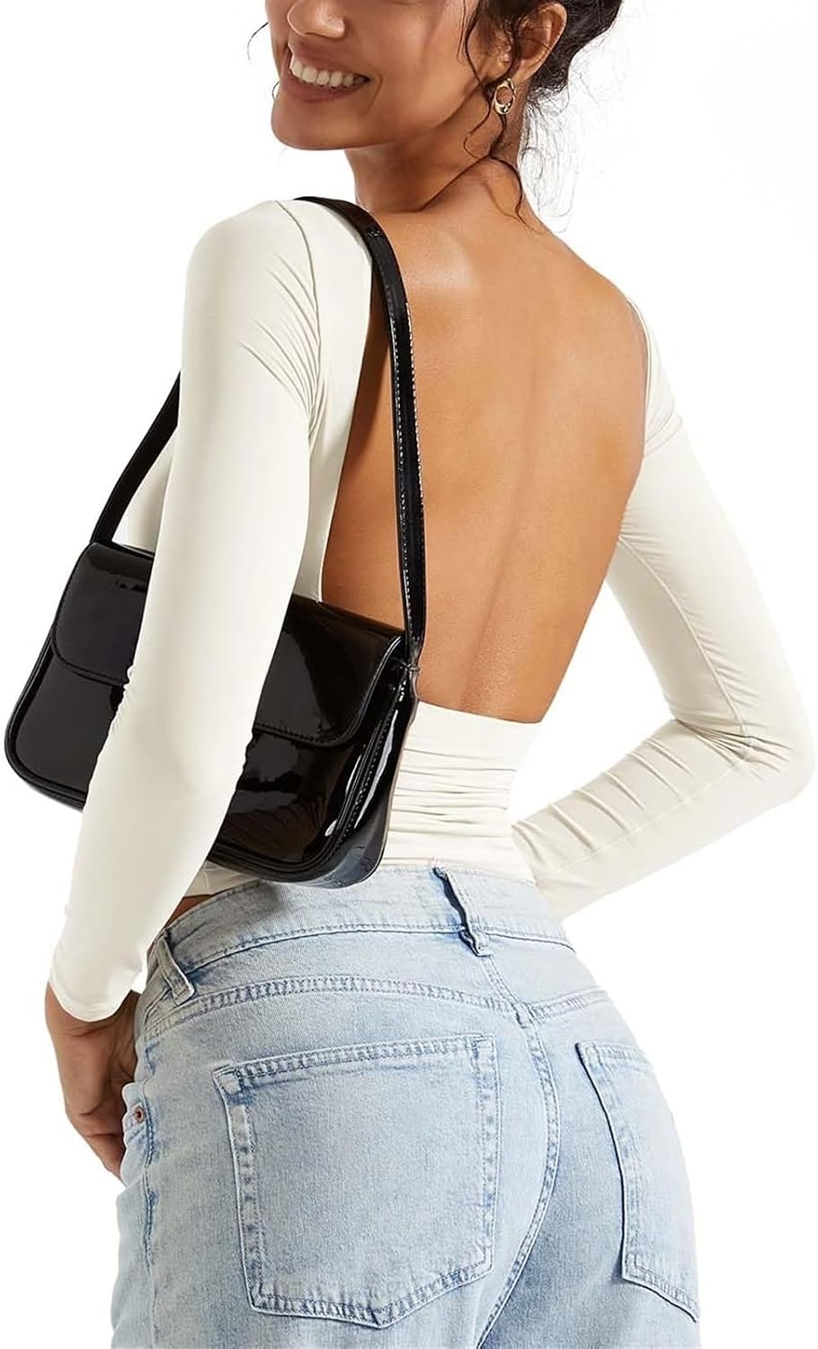 Kvinnor Backless Going Out Tops Dubbelfodrad öppen rygg Basic långärmad(White,S)
