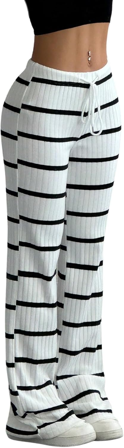 SOLY HUX Dambyxor, randiga sommarbyxor, långa utsvängda byxor, leggings med dragsko, fritidsbyxor, drop midja, jogging, casualshorts, sommarkläder