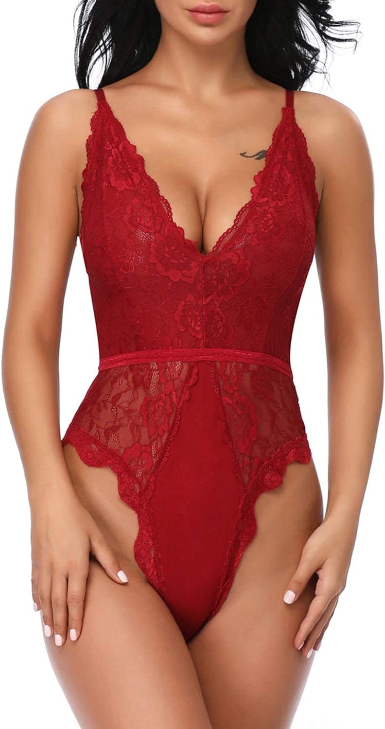 EVELIFE Dam Sexiga Teddy Underkläder One Piece Spets Babydoll Bodysuit med Djup V-ringad