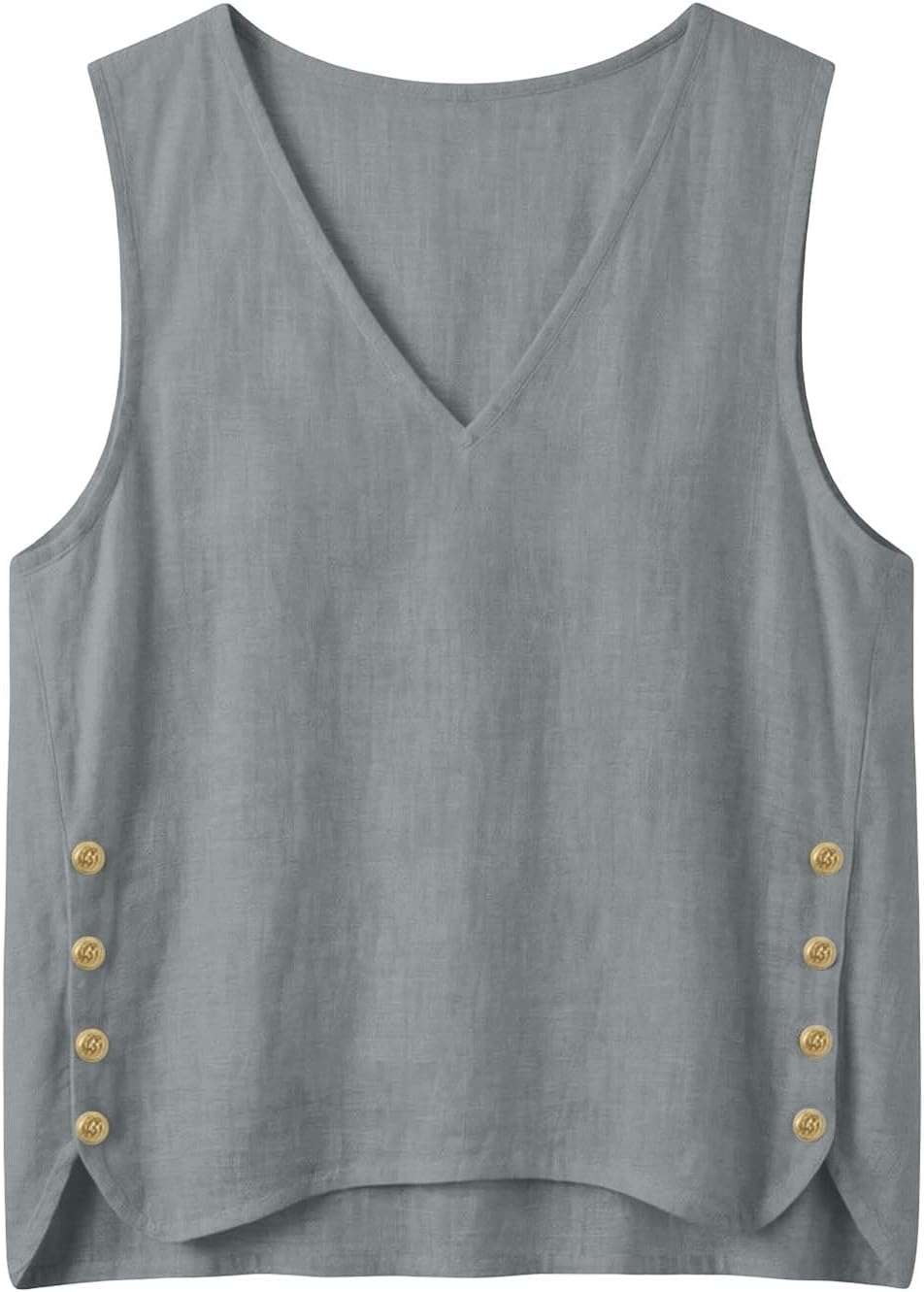 Dam V-ringad ärmlös ledig tank top basic avslappnad passform tunika med sidoknappar för sommarsemester resor