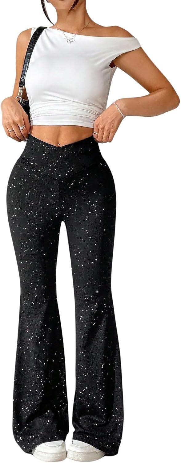 SOLY HUX Festival outfit byxor dam stora storlekar byxor eleganta glitter utsvängda byxor hög midja festbyxor dansbyxor fritidsbyxor