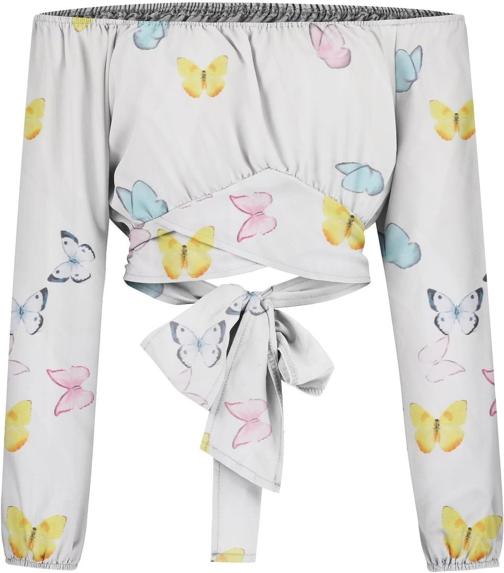 Off Shoulder Dam Crop Top Elegant Lanternärm Långärmad Rynkad Knytskärp Blus Sexy Shirt Semester Party Clubwear