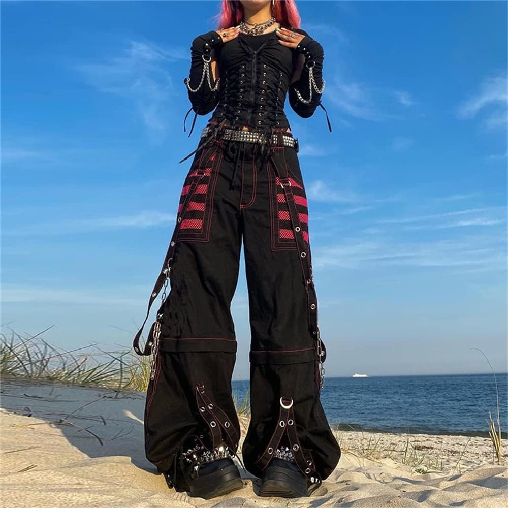 Kvinnor Y2k-jeans, gothstil, byxor i punkig emostil, säckiga, utsvängda jeans, breda ben, Harajuku grunge-byxor, hiphop-kläder