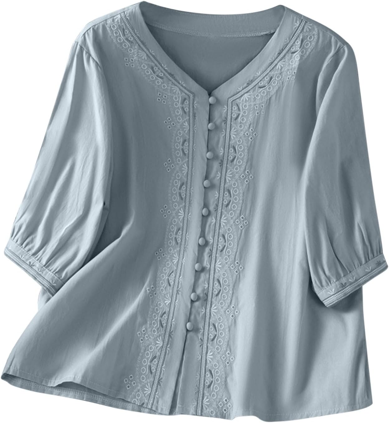 Kvinnors boho toppar bomull linne halvärm v-ringad retro broderade skjortor groda knapp kinesisk stil skjorta damer lös ledig sommar topp