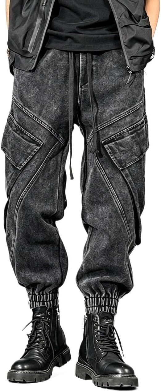 Joggingbyxor i cargojeans for män, baggy streetwearbyxor techwear denim, vintage tvättade joggingbyxor, urban hiphop, elastiskt midjeband med dragsko, funktionella fritidsbyxor streetstyle