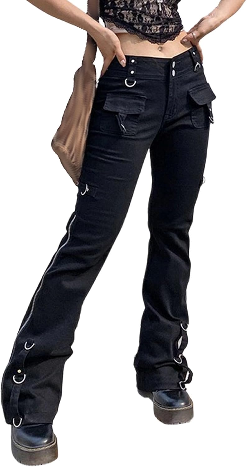 Dam Y2K Gothic Rise Flare Jeans Oregelbundna Skinny Stretchiga Bootcut Jeans Vintage Punk Raka Ben Streetwear