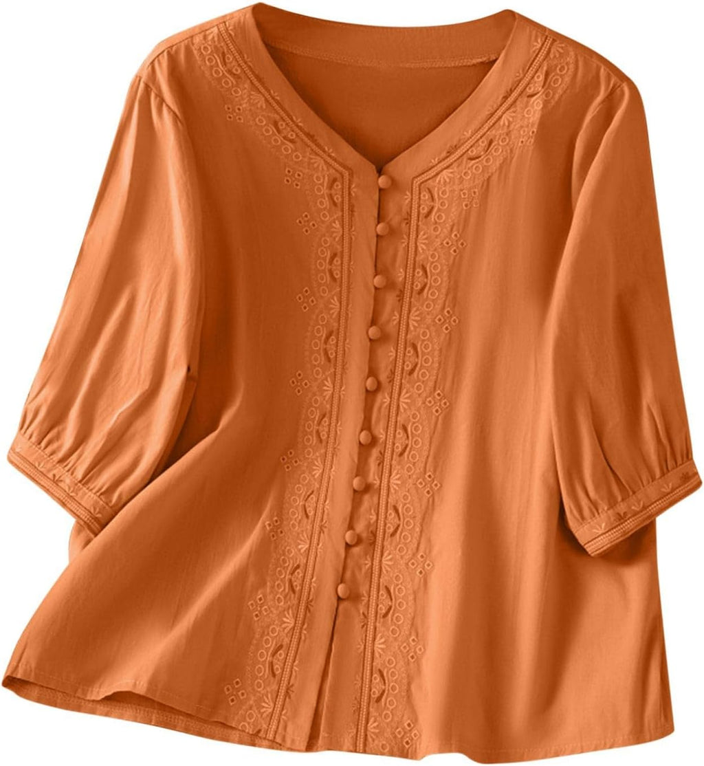 Kvinnors boho toppar bomull linne halvärm v-ringad retro broderade skjortor groda knapp kinesisk stil skjorta damer lös ledig sommar topp