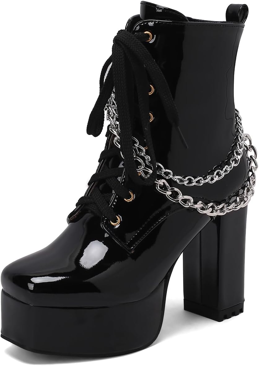 Goth Platåskor Boots för Dam, 11.5cm Blockklack Combat Boots med Kedja, Lackläder Platåstövlar Fyrkantig Tå med Dragkedja, Svart Vit Rosa
