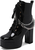 Goth Platåskor Boots för Dam, 11.5cm Blockklack Combat Boots med Kedja, Lackläder Platåstövlar Fyrkantig Tå med Dragkedja, Svart Vit Rosa