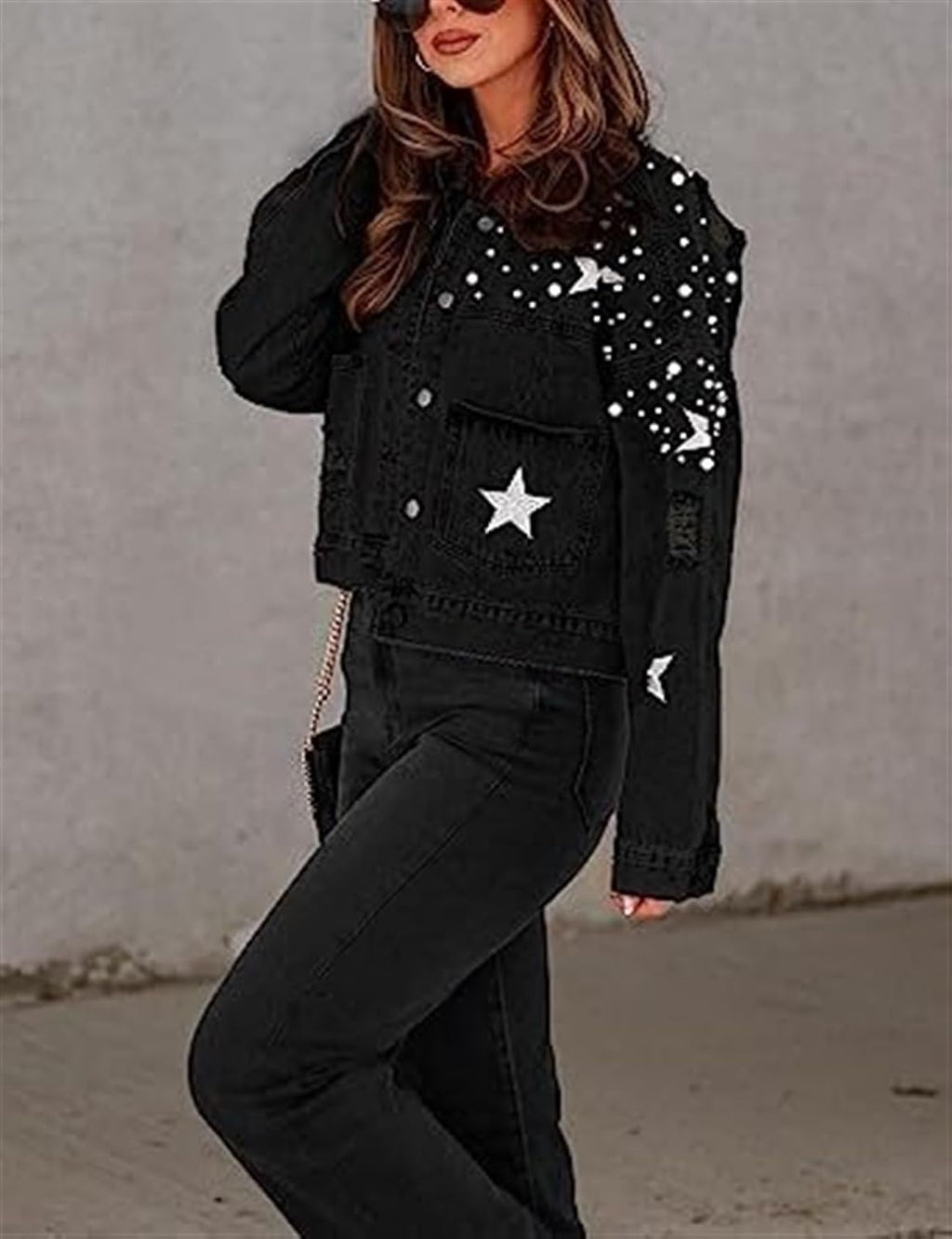 Womens Cropped Pearls Beading Jean Jacket Ripped Star Broderad jeansjacka Coat