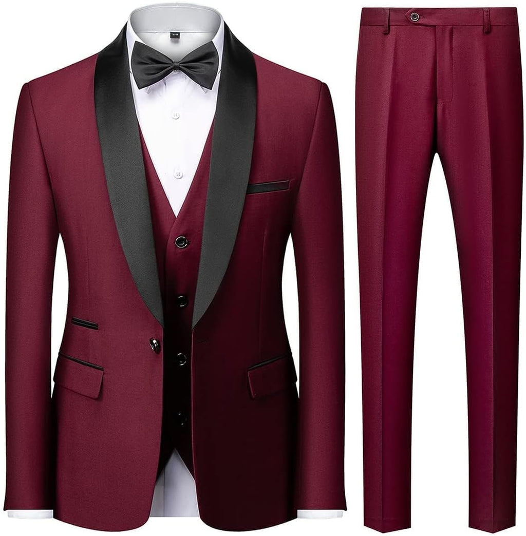 Herrar 3 stycken kostym slim fit en knapp halsduk revers för bröllop bal kavaj väst byxor set