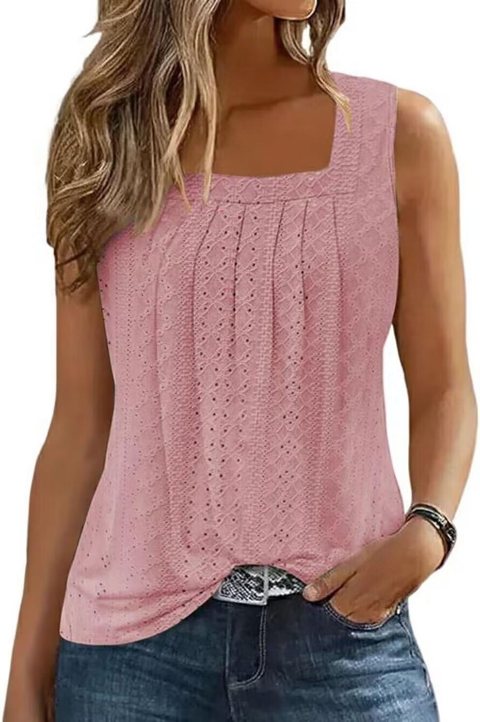 AIMITAG Färgblock veckad fyrkantig krage linne kvinnor randig tank t-shirt sommar ledig lös passform ärmlös skjorta