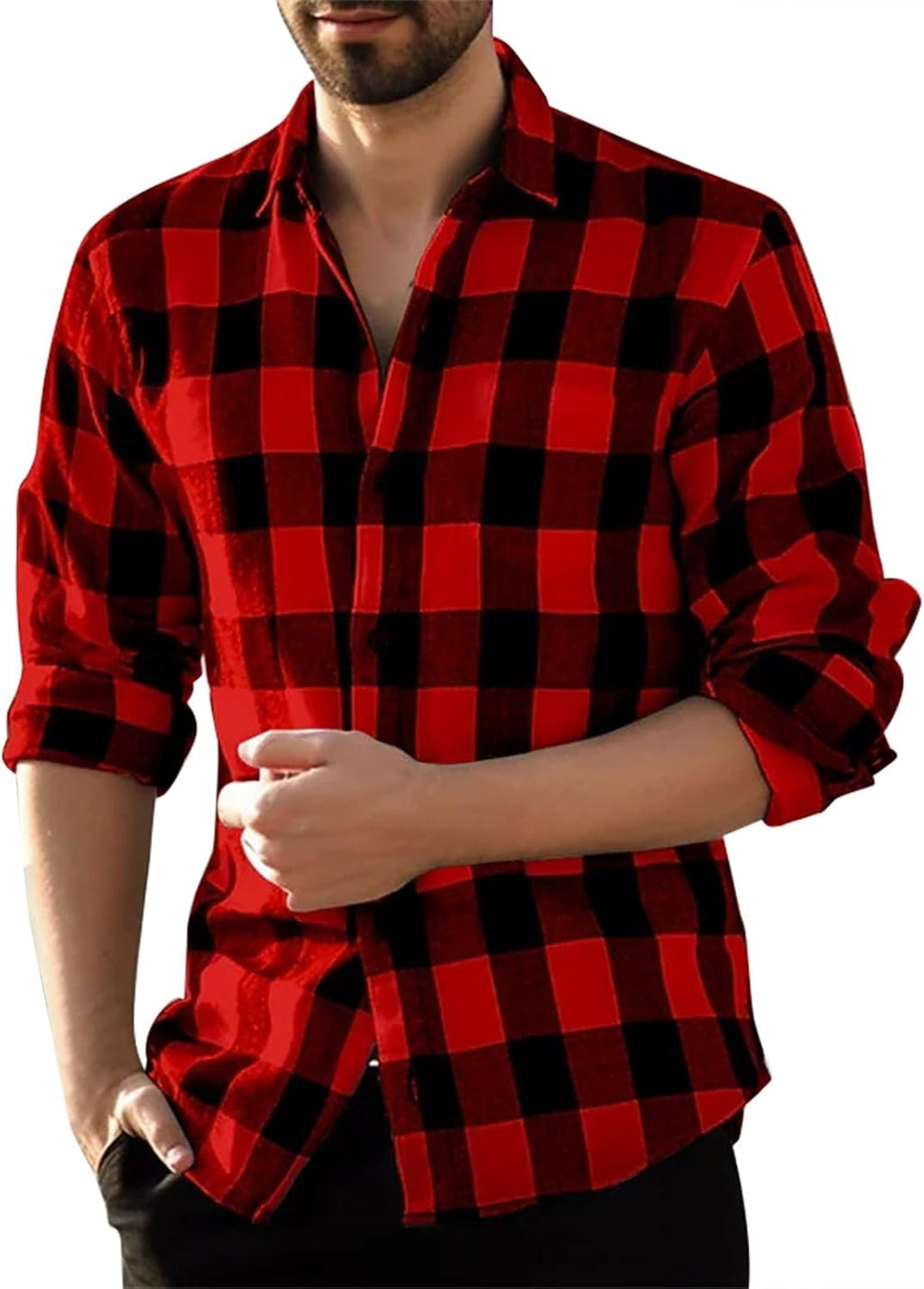 Långärmad vardaglig rutig flanellskjorta, rutig tartan button-down-skjortor för män nedfällbar krage mode avslappnad skjorta med knappar urban stilren herr toppar avslappnad smart långärmad