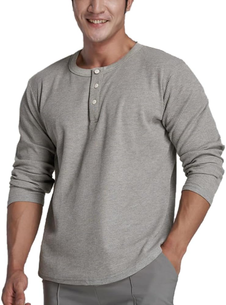 Muscle Alive Basic långärmad våffeltröja för män lös passform träning pullover rund hals skjorta
